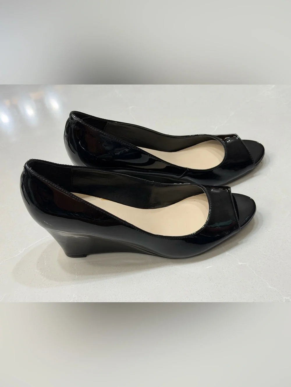 Nine West Canise Black Patent Peep Toe Wedge Pumps 9M